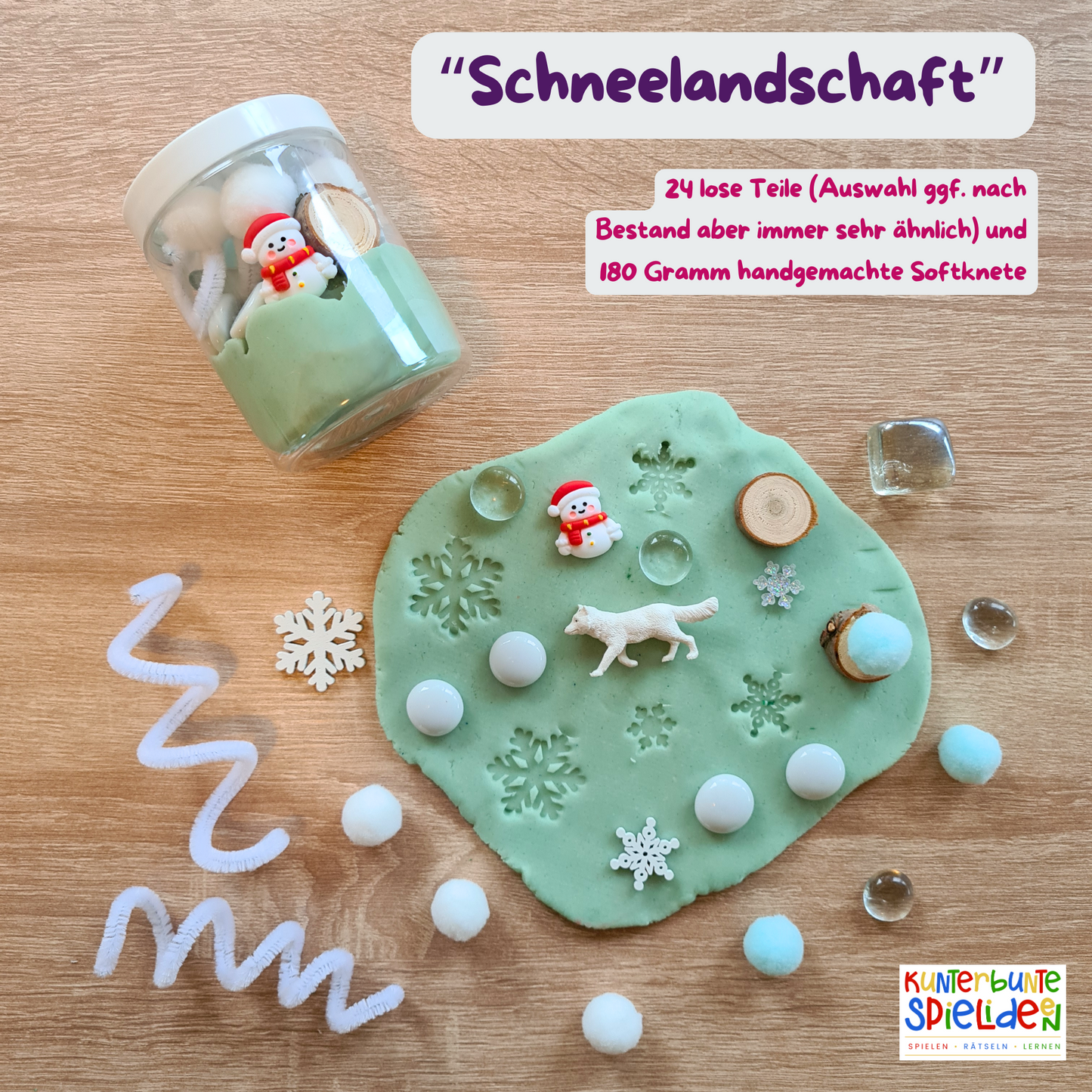 Knetdose ›Schneelandschaft‹ – besonderes Geschenk für kleine Kinder mit Knete; 180 g Softknete + 24 lose Teile (Schneemann, Wolf, Schneekristalle); perfekt als Adventskalender Füllung, Wichtelgeschenk oder kleines Mitbringsel; fördert Feinmotorik & Fantasie im Montessori-Sinne; empfohlen ab 2–4 Jahren ; regional handgemacht in Deutschland.,  Adventskalender Füllung Kleinkind, Geschenk ab 2 Jahre, Geschenk ab 3 Jahre, Montessori Knete Set Winter, sensorisches Spiel Winter, Knete Zubehör Geschenk Weihnachten,