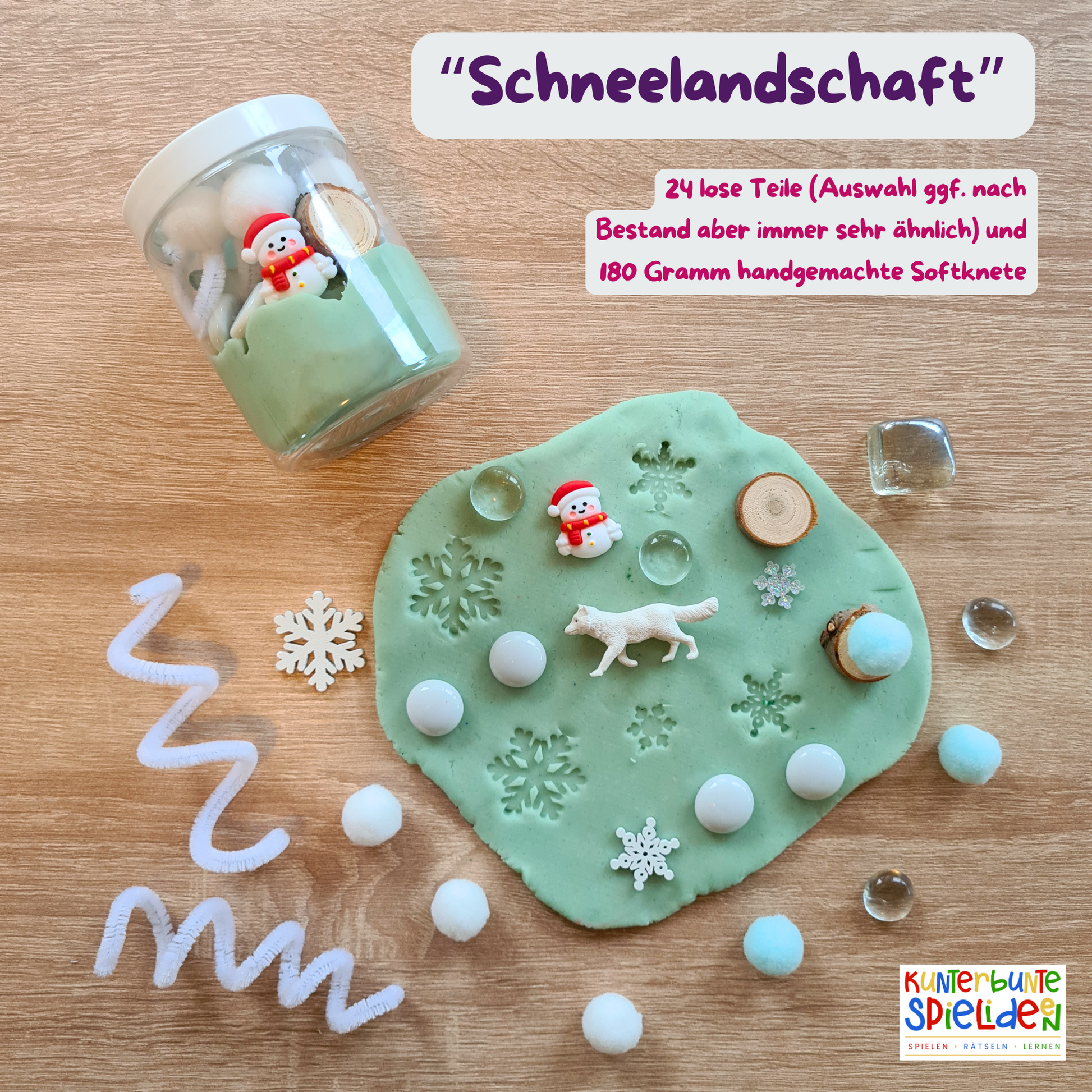 Knetdose ›Schneelandschaft‹ – besonderes Geschenk für kleine Kinder mit Knete; 180 g Softknete + 24 lose Teile (Schneemann, Wolf, Schneekristalle); perfekt als Adventskalender Füllung, Wichtelgeschenk oder kleines Mitbringsel; fördert Feinmotorik & Fantasie im Montessori-Sinne; empfohlen ab 2–4 Jahren ; regional handgemacht in Deutschland.,  Adventskalender Füllung Kleinkind, Geschenk ab 2 Jahre, Geschenk ab 3 Jahre, Montessori Knete Set Winter, sensorisches Spiel Winter, Knete Zubehör Geschenk Weihnachten,