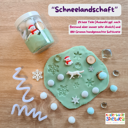 Knetdose ›Schneelandschaft‹ – besonderes Geschenk für kleine Kinder mit Knete; 180 g Softknete + 24 lose Teile (Schneemann, Wolf, Schneekristalle); perfekt als Adventskalender Füllung, Wichtelgeschenk oder kleines Mitbringsel; fördert Feinmotorik & Fantasie im Montessori-Sinne; empfohlen ab 2–4 Jahren ; regional handgemacht in Deutschland.,  Adventskalender Füllung Kleinkind, Geschenk ab 2 Jahre, Geschenk ab 3 Jahre, Montessori Knete Set Winter, sensorisches Spiel Winter, Knete Zubehör Geschenk Weihnachten,