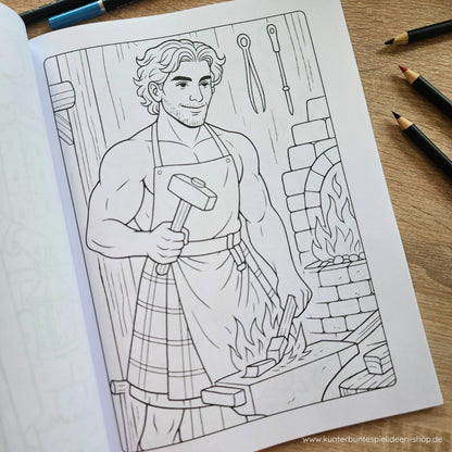 Highlander Motiv ausmalen – Schmiede/Handwerk, Ausmalen zur Entspannung Erwachsene, Highlands Ausmalbuch