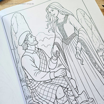 Ausmalbuch Schottland – Stehender Stein Symbolik, Highlander Ausmalbilder, Mystische Landschaften