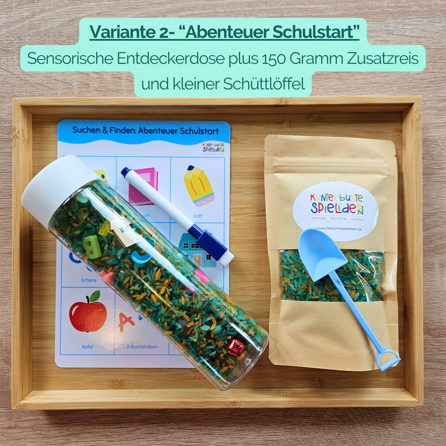 Beschäftigung unterwegs: Sensorikflasche Schulstart als Reisebeschäftigung, Suchbild zum Abhaken im Auto und Wartezimmer