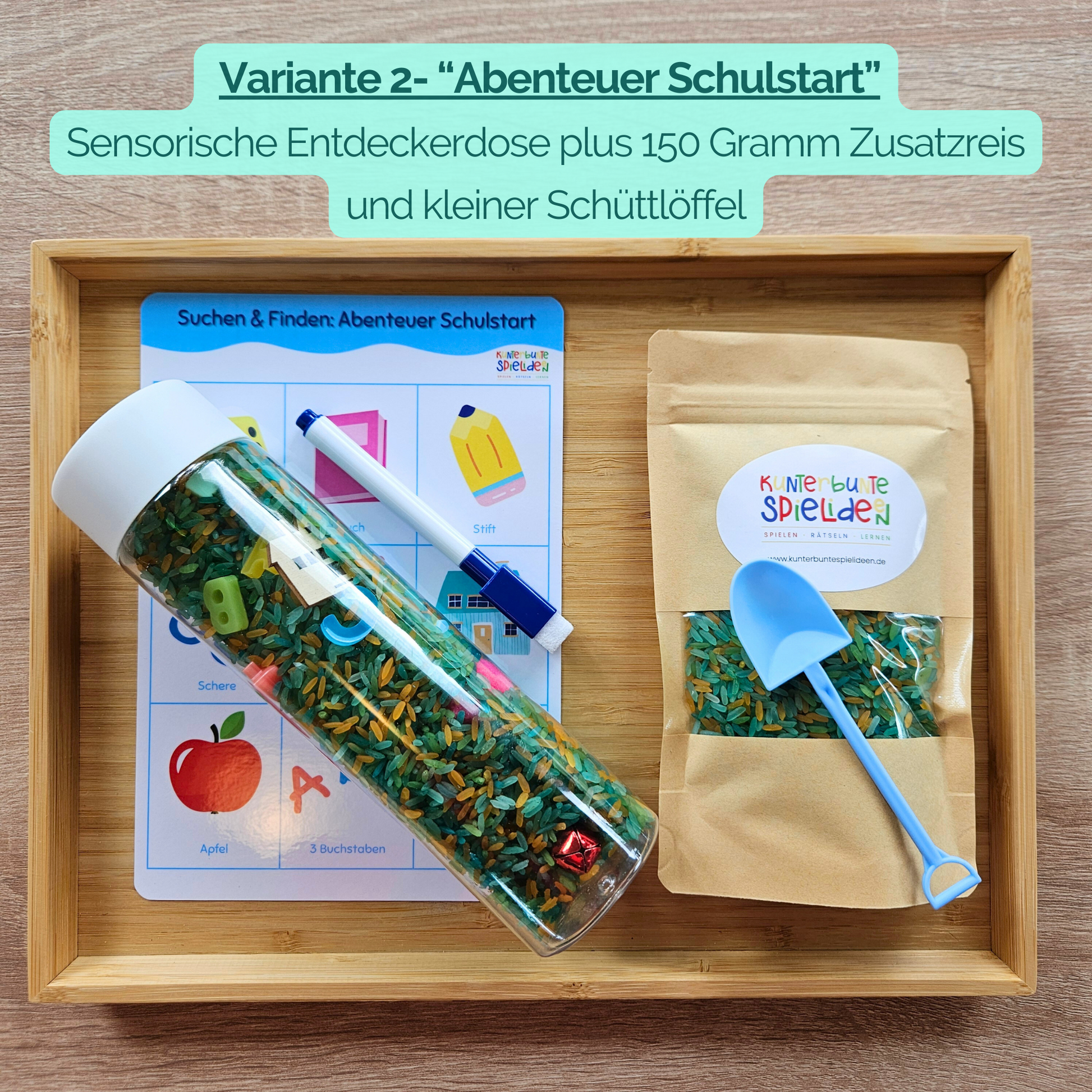 Beschäftigung unterwegs: Sensorikflasche Schulstart als Reisebeschäftigung, Suchbild zum Abhaken im Auto und Wartezimmer