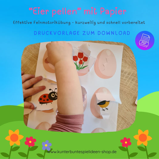 Oster Feinmotorik zum Ausdrucken: Eier pellen aus Papier – Reißübung für Kinder 2–6 in Kita, Kinderhaus und Vorschule, schnell vorbereitet