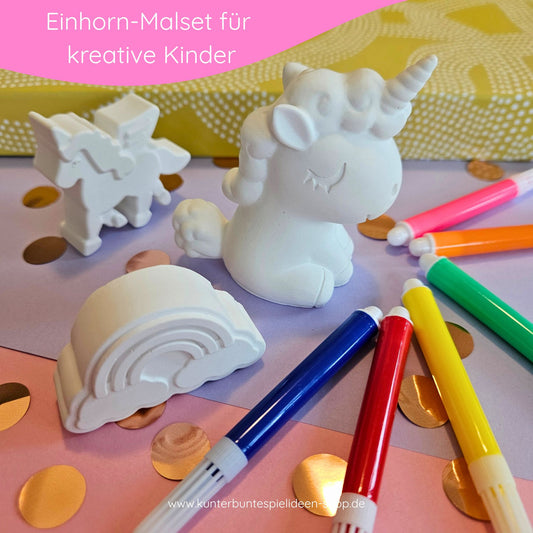 Einhorn Kindergeburtstag Malset– handgefertigte Keraflott Einhornfiguren und Regenbogen, staubfrei und kindgerecht, Einhorn Bastelset Kinder ab 3 mit Filzstiften als kreatives Geschenk Einhornfan Kind.