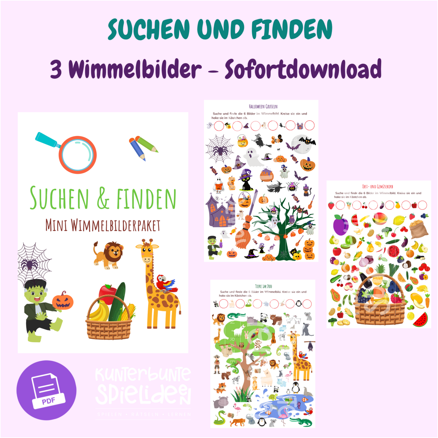 Fantasievolle und interaktive Wimmelbilder zum Herunterladen für Kinder ab 3 Jahren. Pädagogische Spiele, die kreatives Lernen fördern und Kinderunterhaltung bieten. Bildersuche  sofortdownload PDF