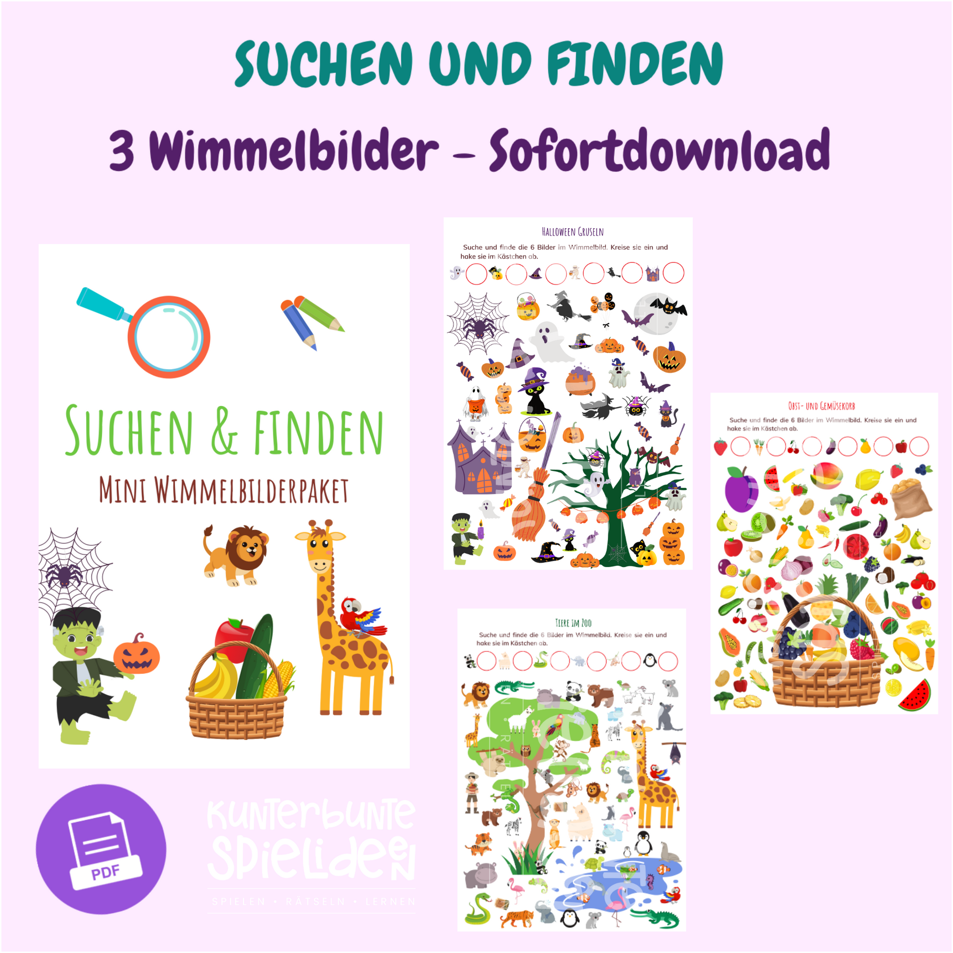 Obst- und Gemüse-Wimmelbild für Kleinkinder – druckbare Bildersuche - Wimmelbild-Suchbild-Kombi als Sofortdownload für Kinder ab 2 Jahren - Druckbares Lernspiel für Kleinkinder – Wimmelbild PDF mit Suchaufgaben - Halloween Suchbild ab 2 Jahren – Beschäftigungsidee für Kinder