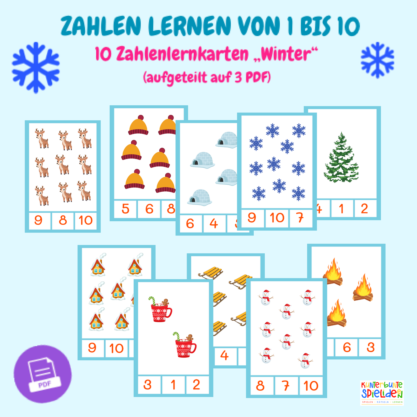 Zahlenkarten Winter Zahlen lernen Flashcards als Geschenk DIY Geschenk Zahlen lernen