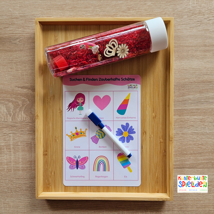 Geburtstagsgeschenk Kind: Sensory Bottle mit Reis als sensorisches Spiel, Motive suchen und abhaken