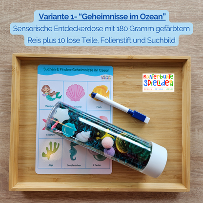 Geburtstagsgeschenk Meeresfans: Sensorikflasche mit Reis, Unterwasser-Suchspiel und foliertes Suchbild