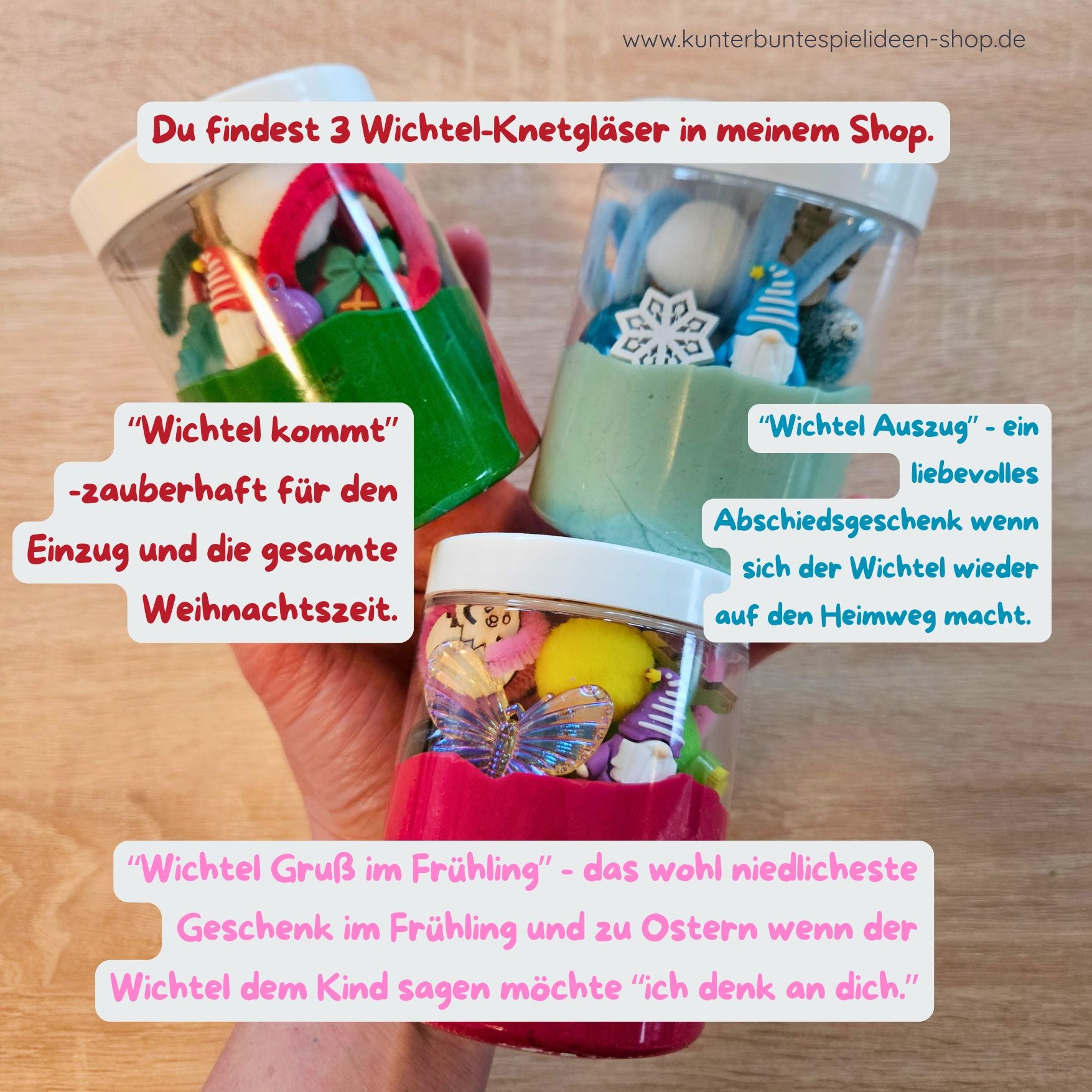 Drei Wichtel-Knetgläser im Shop – „Wichtel kommt“, „Wichtel Auszug“, „Wichtel Gruß im Frühling“; Knetset im Glas als kleines Geschenk zum Wichteleinzug und Geschenk für Wichtelzeit.