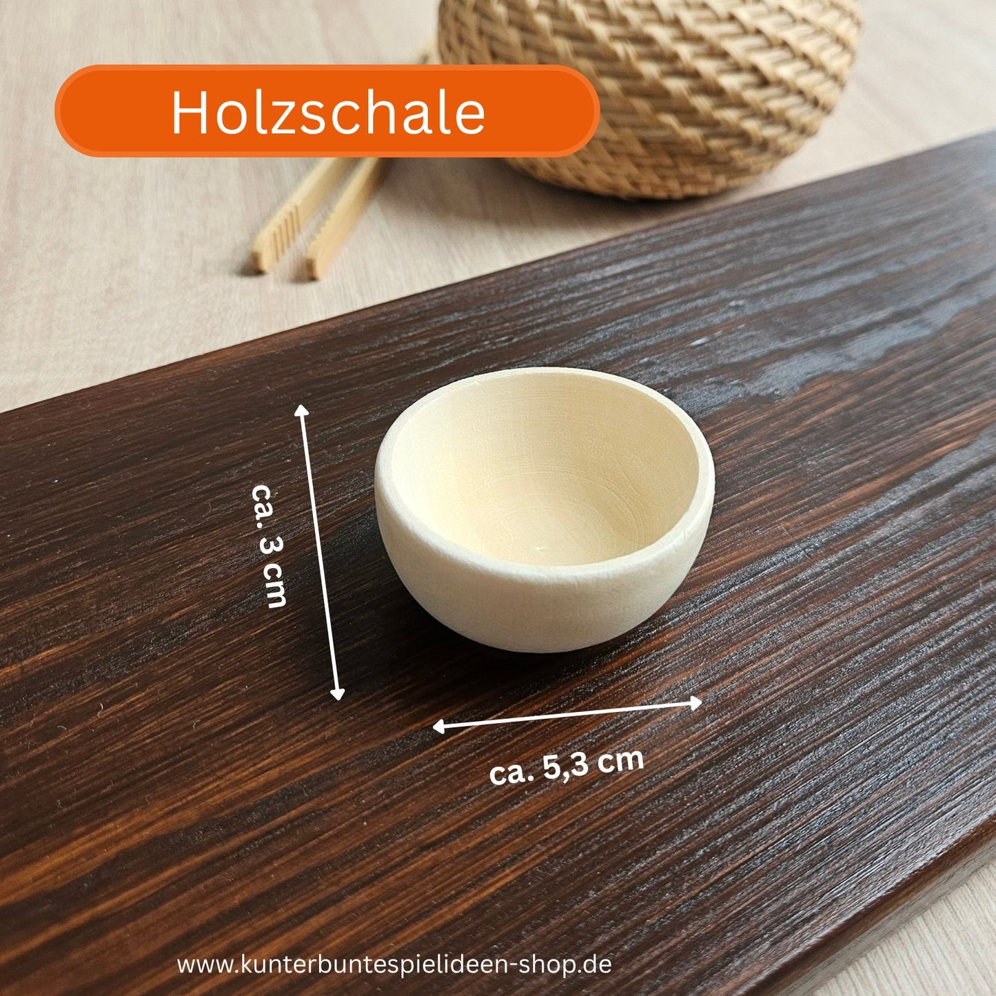Holzschale Schüttspiele Material aus unbehandeltem Kiefernholz, ca. 5,3 cm breit und ca. 3 cm hoch, als Schüttwerkzeug für sensorischer Reis Schüttspiele und Montessori Schüttübungen Material.