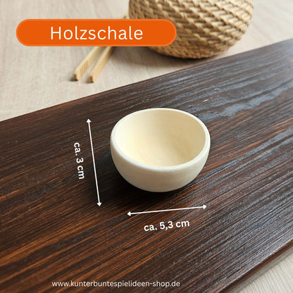 Holzschale Schüttspiele Material aus unbehandeltem Kiefernholz, ca. 5,3 cm breit und ca. 3 cm hoch, als Schüttwerkzeug für sensorischer Reis Schüttspiele und Montessori Schüttübungen Material.