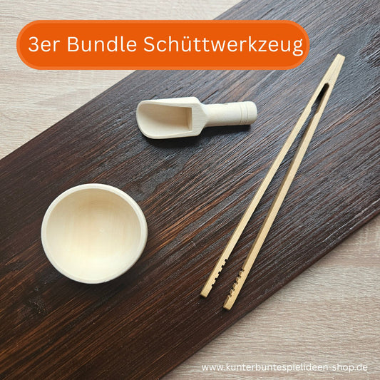 Schüttwerkzeuge als Umfüllset für Schüttspiele, 3er Bundle mit Greifzange, Holzschale und Holzschaufel, ideal als Schüttspiele Montessori Material und Aktionstablett Zubehör Schüttspiele.
