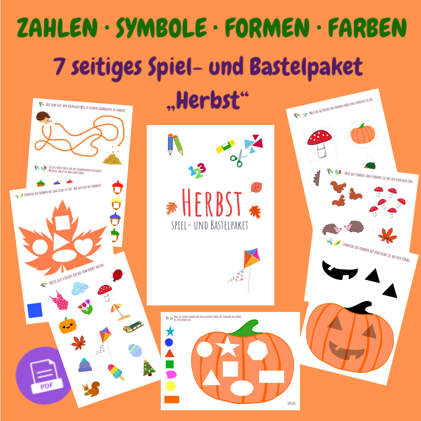 Herbst Druckvorlage für Kinder ab 3 Jahren – Vorschau des 7-seitigen Spiel- und Bastelpakets zum Ausdrucken als PDF mit herbstlichen Motiven wie Kürbis, Eichhörnchen, Igel, Blätter, Formen und Farben. Ideal für Kindergarten, Vorschule, Morning Basket oder als Halloween Bastelvorlage.