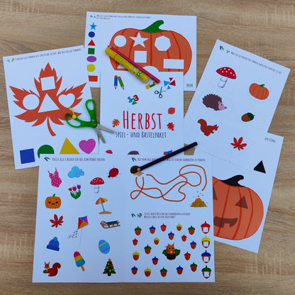 in buntes Lernblatt für Kleinkinder mit verschiedenen Herbstmotiven wie Kürbis, Eichhörnchen und gestrichelten Linien zum Ausschneiden. Gedruckt auf stabilem Papier und mit spielerischen Übungen zum Zählen, Formen erkennen und Ausmalen. Ideal für die Förderung von Feinmotorik und kognitiven Fähigkeiten.