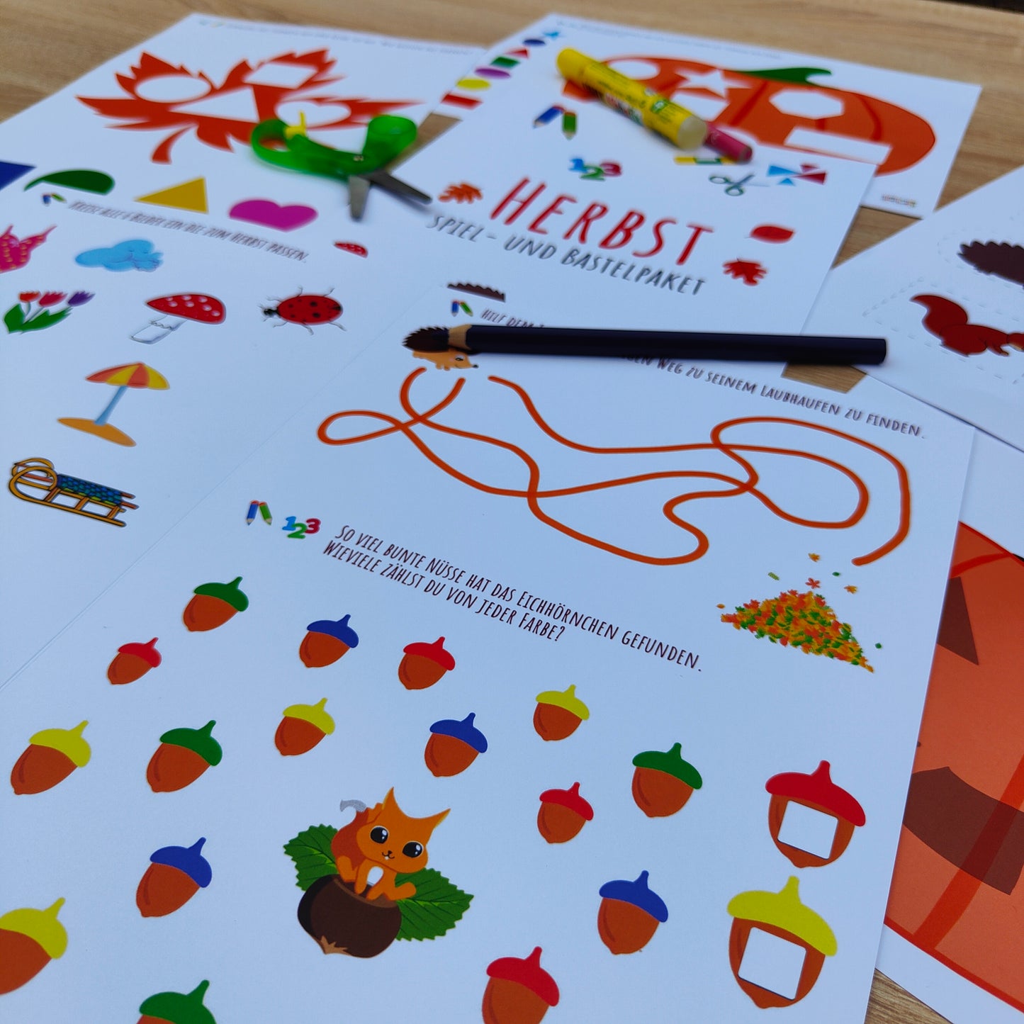 in buntes Lernblatt für Kleinkinder mit verschiedenen Herbstmotiven wie Kürbis, Eichhörnchen und gestrichelten Linien zum Ausschneiden. Gedruckt auf stabilem Papier und mit spielerischen Übungen zum Zählen, Formen erkennen und Ausmalen. Ideal für die Förderung von Feinmotorik und kognitiven Fähigkeiten.