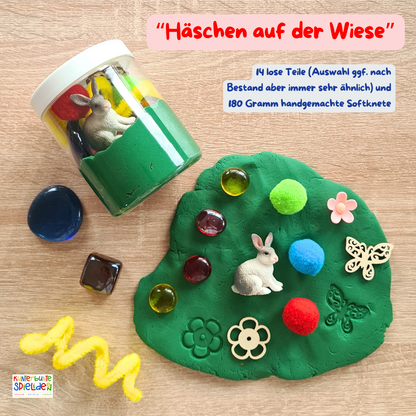 Geschenk zu Ostern: Knetglas mit Osterknete und frühlingshaftem Knetzubehör – sensorisches Spiel ab 3