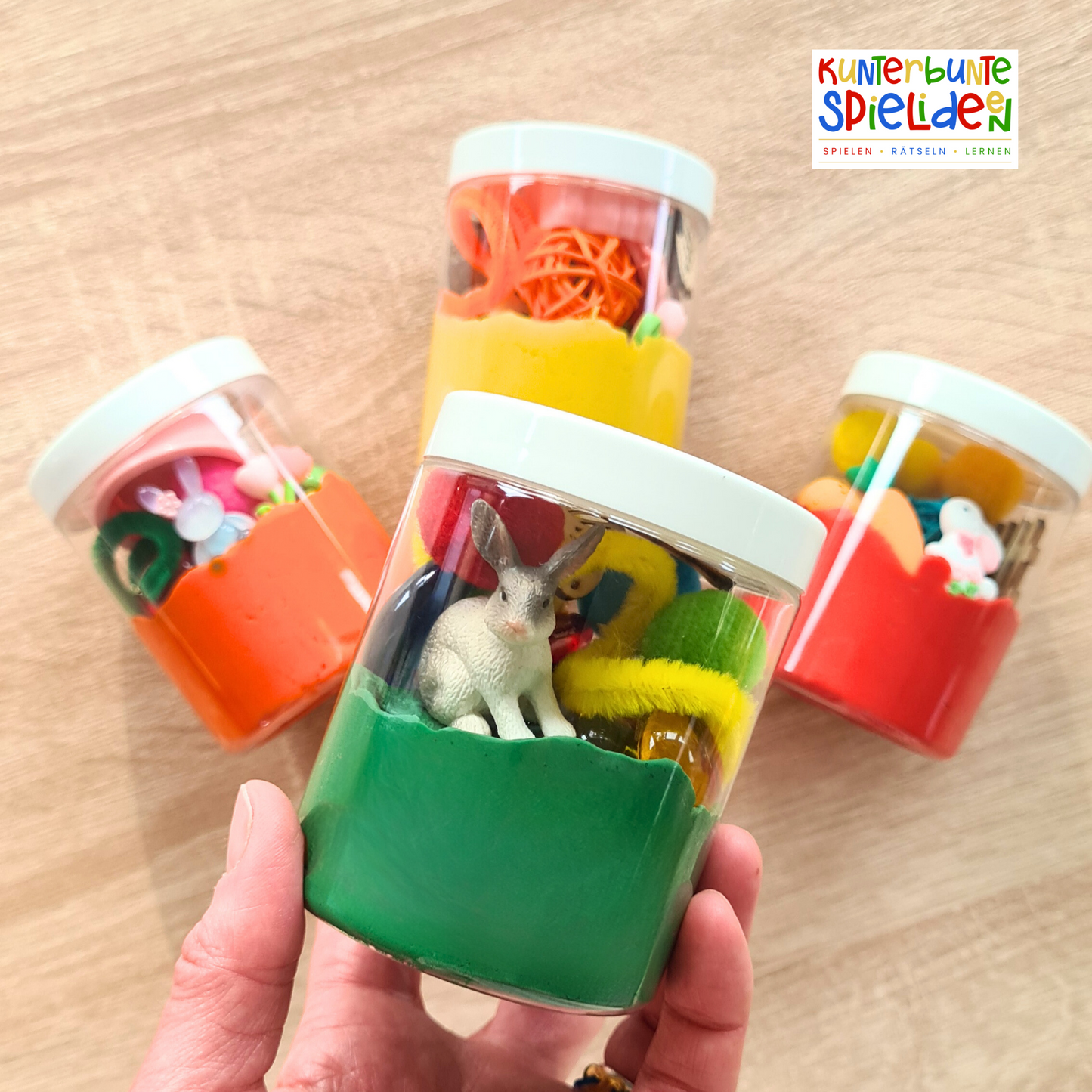 Geschenk zu Ostern: Knete für Frühling und Ostern – sensorisches Spiel ab 3 im Knetglas