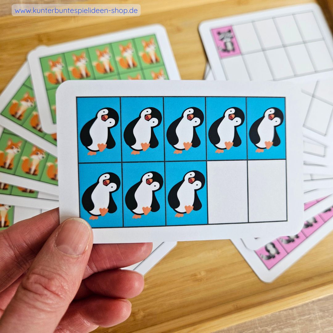 Blitzkarten Montessori Lernkarten Mengenerfassung 1–10 – Pinguin im Zehnerfeld, simultanes Erfassen für Kita/Vorschule, Vorbereitung aufs Rechnen (DE/AT/CH).