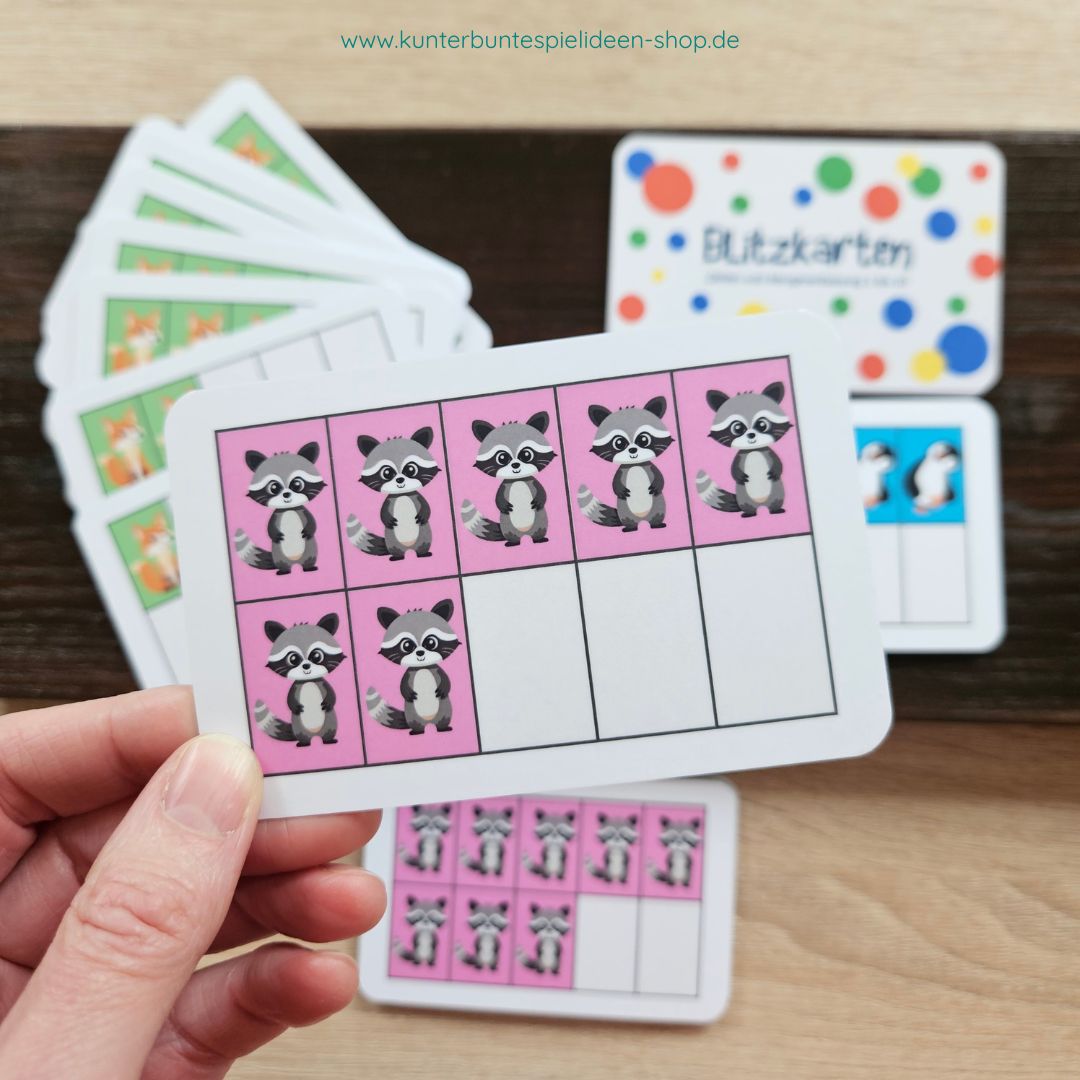Waschbär-Blitzkarte im Zehnerfeld – Mengenerfassung & simultanes Erfassen für Kinderhaus/Kita und 1. Klasse, Rechnen statt Zählen.