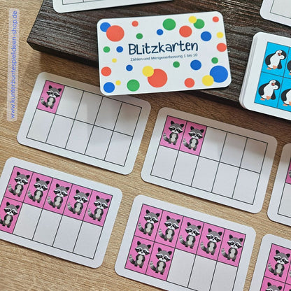 Blitzkarten Mengenerfassung 1–10, drei Kartensets (Fuchs/Waschbär/Pinguin) – Zahlbilder im Zehnerfeld, DACH, auf Deutsch. Montessori Mathe