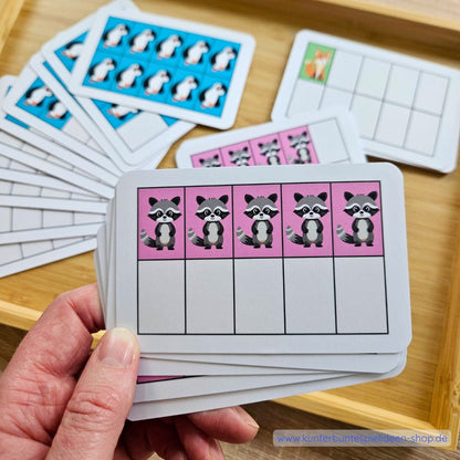 Waschbär-Karten (11×7 cm, 220 g foliert) – Mengengefühl aufbauen im Montessori-Kinderhaus und zu Hause, Brücke zur 1. Klasse. Montessori Lernkarten