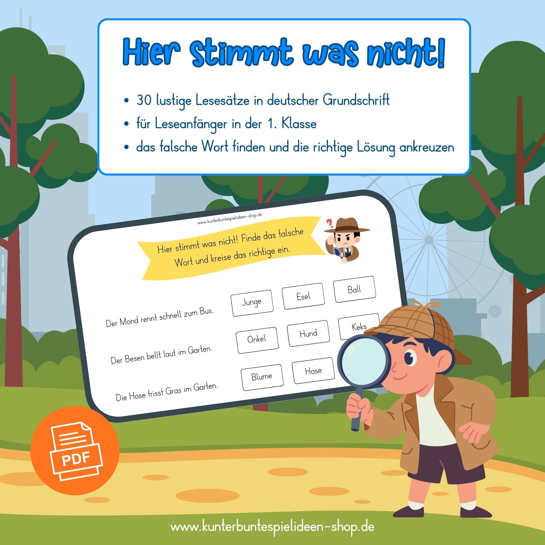 Lesen lernen Arbeitsblätter für Leseanfänger in der 1. Klasse: PDF mit lustigen Lesesätzen in deutscher Grundschrift, bei denen Kinder das falsche Wort finden und die richtige Lösung ankreuzen. Ideal als Übungen zum Lesen lernen, Arbeitsblätter lesen lernen, Leseübungen zum Ausdrucken und motivierendes Lesen lernen Material für Grundschule, Förderung und zu Hause.