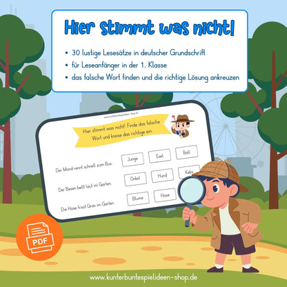 Lesen lernen Arbeitsblätter für Leseanfänger in der 1. Klasse: PDF mit lustigen Lesesätzen in deutscher Grundschrift, bei denen Kinder das falsche Wort finden und die richtige Lösung ankreuzen. Ideal als Übungen zum Lesen lernen, Arbeitsblätter lesen lernen, Leseübungen zum Ausdrucken und motivierendes Lesen lernen Material für Grundschule, Förderung und zu Hause.