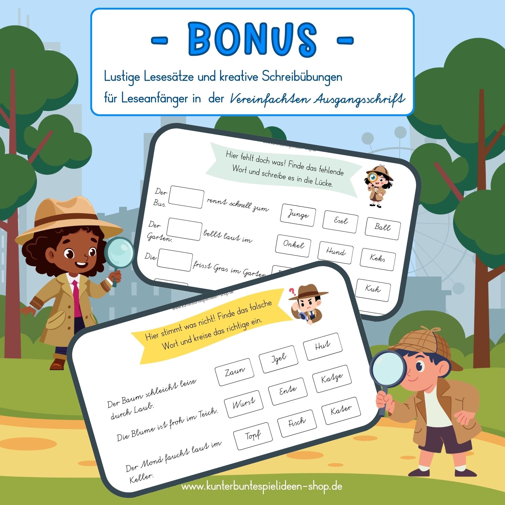 Lesen lernen Übungen zum Ausdrucken für Leseanfänger in der 1. Klasse: Bonus-Arbeitsblätter mit lustigen Lesesätzen und kreativen Schreibübungen in der Vereinfachten Ausgangsschrift. Kinder werden zu Wörter-Detektiven, finden falsche Wörter oder ergänzen fehlende Wörter in Lückensätzen. Motivierende Lesen lernen Arbeitsblätter mit deutscher Grundschrift und Schreibschrift-Übungen als PDF für Grundschule, Leseförderung, Förderung zu Hause und Unterricht.