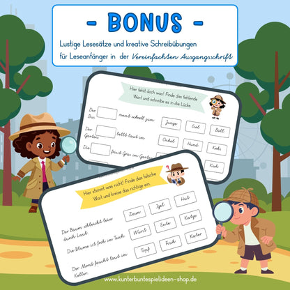 Lesen lernen Übungen zum Ausdrucken für Leseanfänger in der 1. Klasse: Bonus-Arbeitsblätter mit lustigen Lesesätzen und kreativen Schreibübungen in der Vereinfachten Ausgangsschrift. Kinder werden zu Wörter-Detektiven, finden falsche Wörter oder ergänzen fehlende Wörter in Lückensätzen. Motivierende Lesen lernen Arbeitsblätter mit deutscher Grundschrift und Schreibschrift-Übungen als PDF für Grundschule, Leseförderung, Förderung zu Hause und Unterricht.