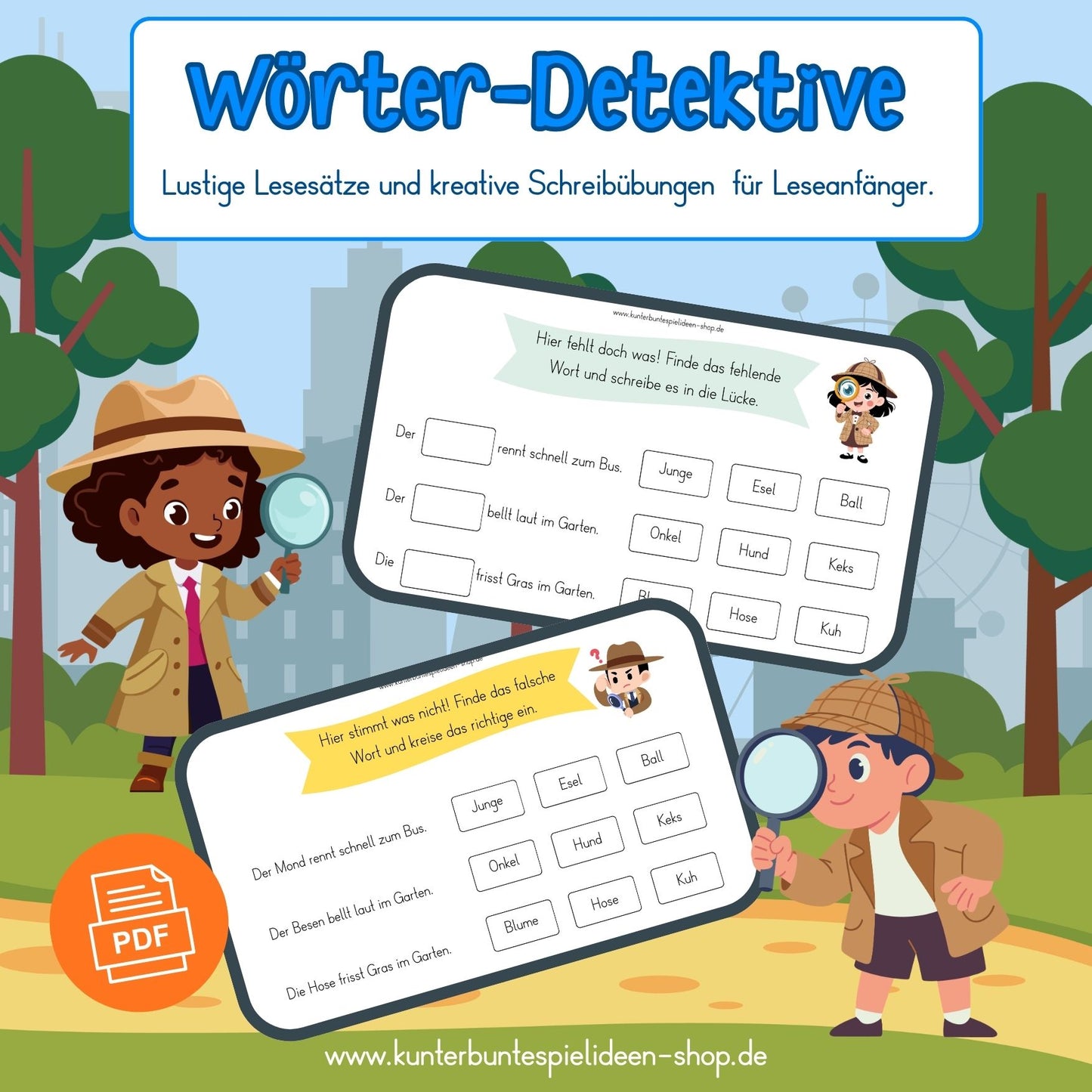 Lesen lernen Übungen zum Ausdrucken für Leseanfänger in der 1. Klasse: PDF-Arbeitsblatt mit lustigen Lesesätzen in deutscher Grundschrift. Kinder finden als Wörter-Detektive das fehlende Wort im Lückentext und schreiben es in die Lücke. Geeignet als Lesen lernen Arbeitsblätter, Leseübungen zum Ausdrucken und Arbeitsblätter zum Lesen lernen für zu Hause, Grundschule und Förderung.