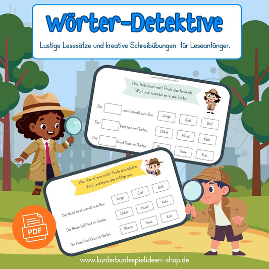 Lesen lernen Übungen zum Ausdrucken für Leseanfänger in der 1. Klasse: PDF-Arbeitsblatt mit lustigen Lesesätzen in deutscher Grundschrift. Kinder finden als Wörter-Detektive das fehlende Wort im Lückentext und schreiben es in die Lücke. Geeignet als Lesen lernen Arbeitsblätter, Leseübungen zum Ausdrucken und Arbeitsblätter zum Lesen lernen für zu Hause, Grundschule und Förderung.