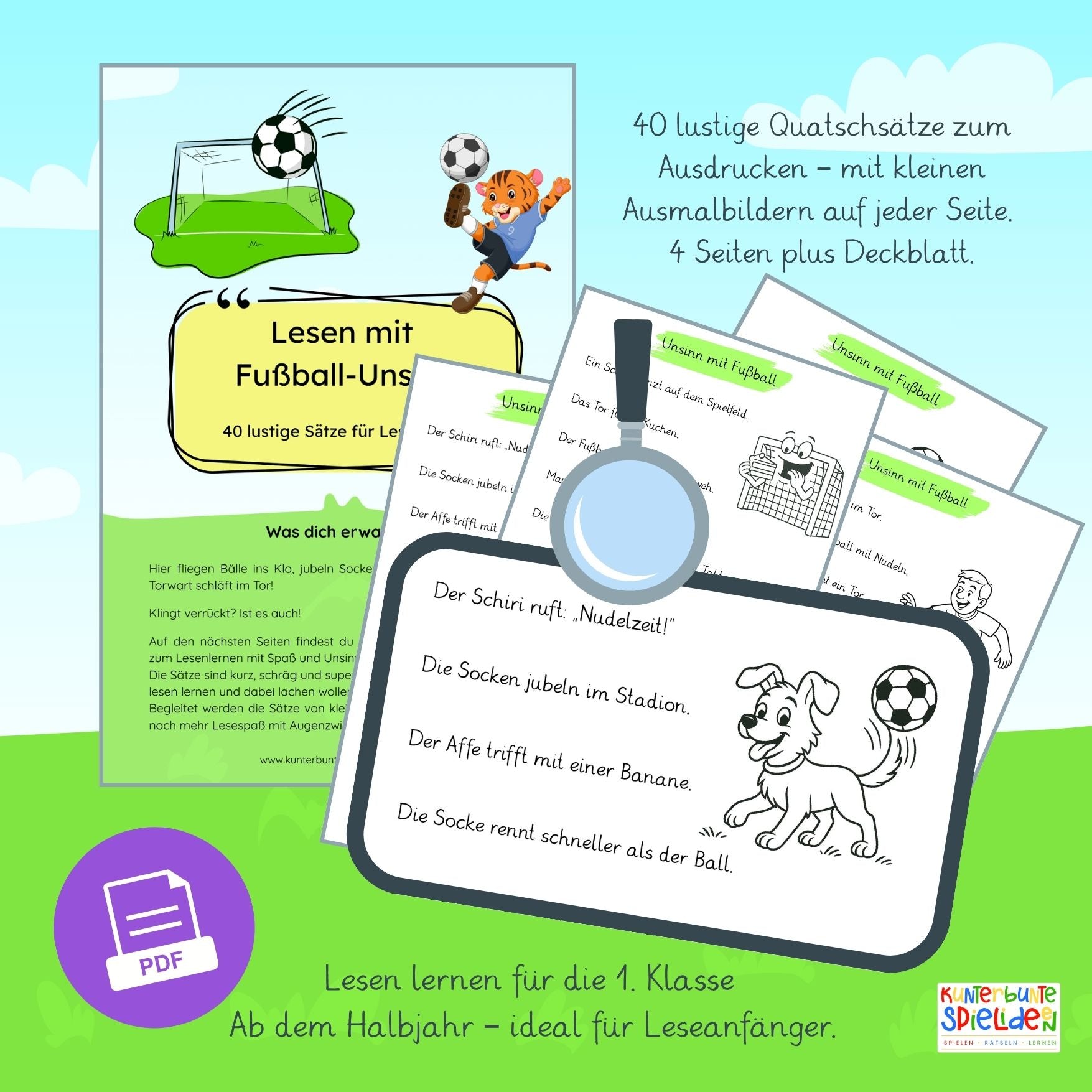 deutsche Grundschrift lesen lernen Lernmaterial zum Lesen Lernen lustige Sätze zum Thema Fussball für grundschule Leseanfänger erste Klasse zum Ausdrucken Lesen lernen einfach gemacht