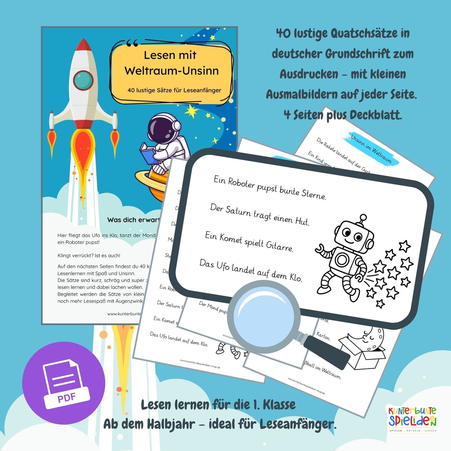 Material zum Lesen Lernen in deutscher Grundschrift - Lustiges Lesematerial mit tollen Quatschsätzen für Kinder – humorvolle Weltraum-Sätze und Arbeitsblätter zum Ausdrucken, ideal als Leseübung für Jungen und Mädchen in der 1. Klasse. Humor Übungsmaterial zum Lesen Lernen und Üben