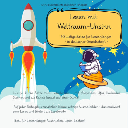 Lesen lernen mit deutscher Grundschrift Material für Leseanfänger - Lustiges Lesematerial mit tollen Quatschsätzen für Kinder – humorvolle Weltraum-Sätze und Arbeitsblätter zum Ausdrucken, ideal als Leseübung für Jungen und Mädchen in der 1. Klasse. Humor Übungsmaterial zum Lesen Lernen und Üben