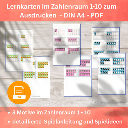Ausdrucken, ausschneiden und losspielen – Blitzkarten Zehnerfeld 1–10 PDF zum Ausdrucken, Kartengröße ca. 11×7 cm, Lernkarten Mengenerfassung 1–10 für Zuhause und Kita