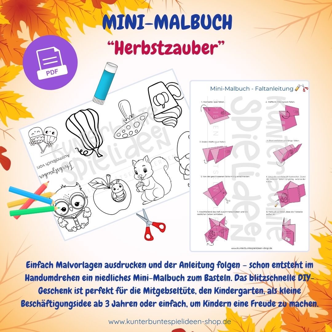 PDF-Druckvorlage „Mini-Malbuch Herbstzauber“ mit Ausmalbildern und Faltanleitung – DIY-Geschenkidee zum Selberbasteln für Kinder ab 3 Jahren, ideal für Kindergarten, Mitgebseltüten und Herbstbasteln