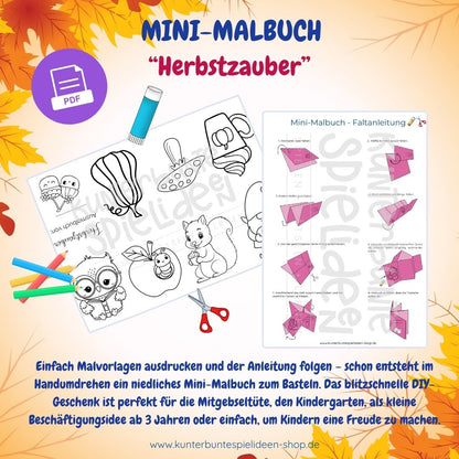 PDF-Druckvorlage „Mini-Malbuch Herbstzauber“ mit Ausmalbildern und Faltanleitung – DIY-Geschenkidee zum Selberbasteln für Kinder ab 3 Jahren, ideal für Kindergarten, Mitgebseltüten und Herbstbasteln