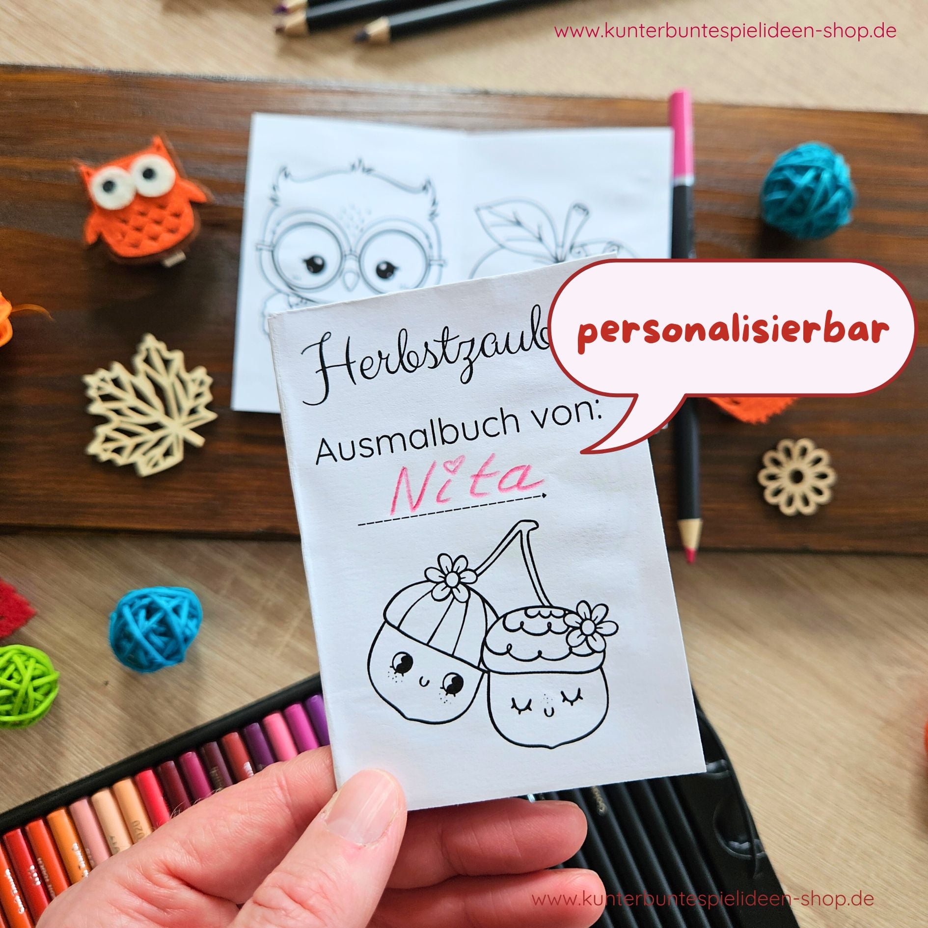 Mini-Malbuch Herbst „Herbstzauber“ mit Namensfeld zum Eintragen – personalisierbares Faltheft zum Ausmalen für Kinder ab 3 Jahren, als PDF-Druckvorlage von Kunterbunte Spielideen