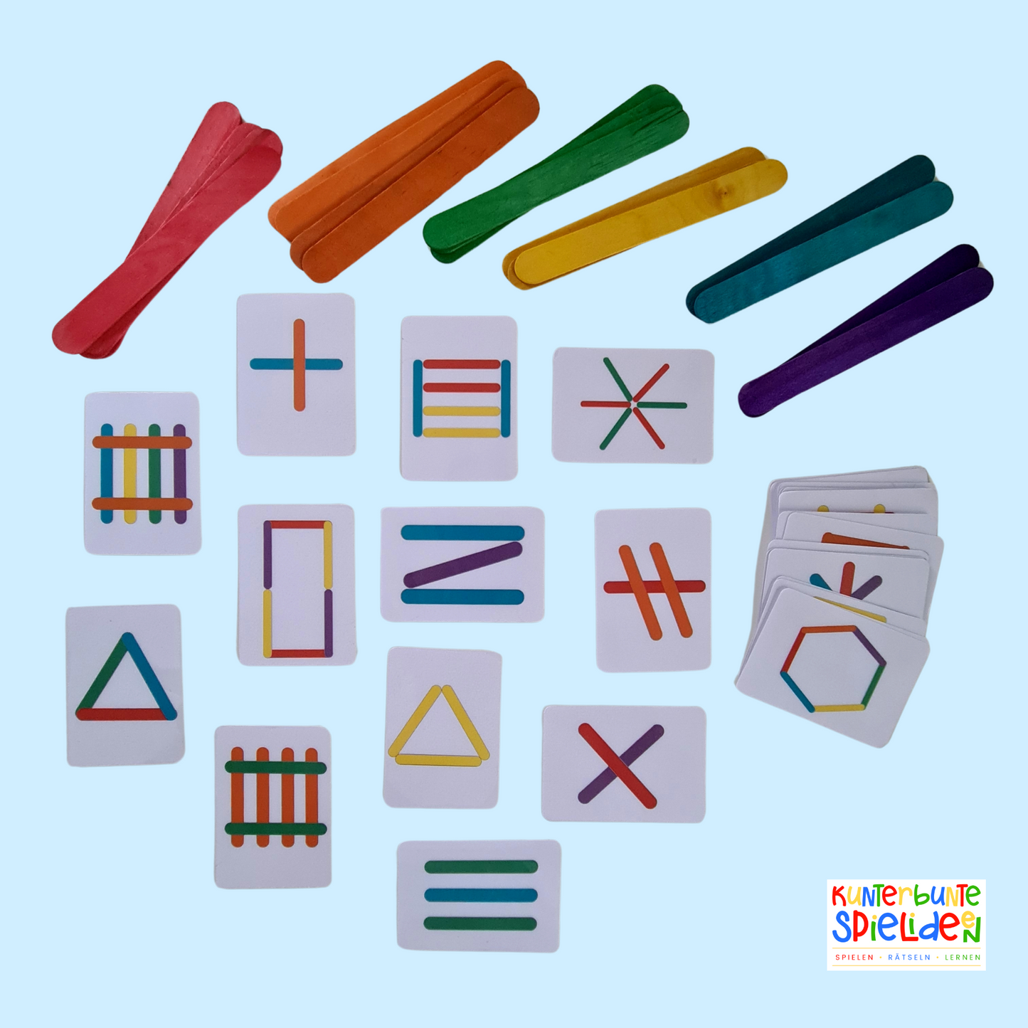 Legespiel mit bunten Holzstäbchen und Motivkarten – Montessori Lernspiel von Kunterbunte Spielideen für Kinder ab 3 Jahren
