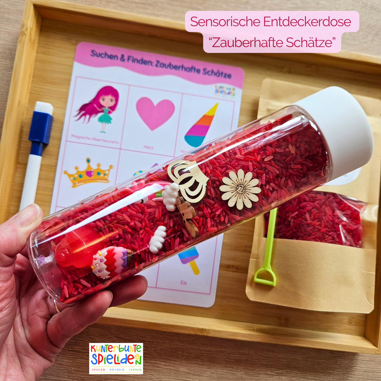 Montessori inspiriertes sensorisches Spiel: Sensorikflasche mit Reis und Suchbild als ruhige Beschäftigung