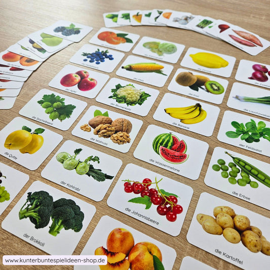 Obst und Gemüse lernkarten Foto mit realistischen Abbildungen und genauer Bezeichnung und Artikel für Vorschule, Förderung, Montessori Übungen, Lebensmittel Übungen des täglichen Lebens, Wortschatz verbessern
