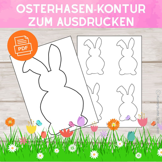 Osterhasen-Kontur zum Ausdrucken als PDF-Vorlage mit einer großen Hasenform und vier kleinen Hasen. Ideal als Osterhase Schablone kostenlos zum Ausdrucken für Kinder.