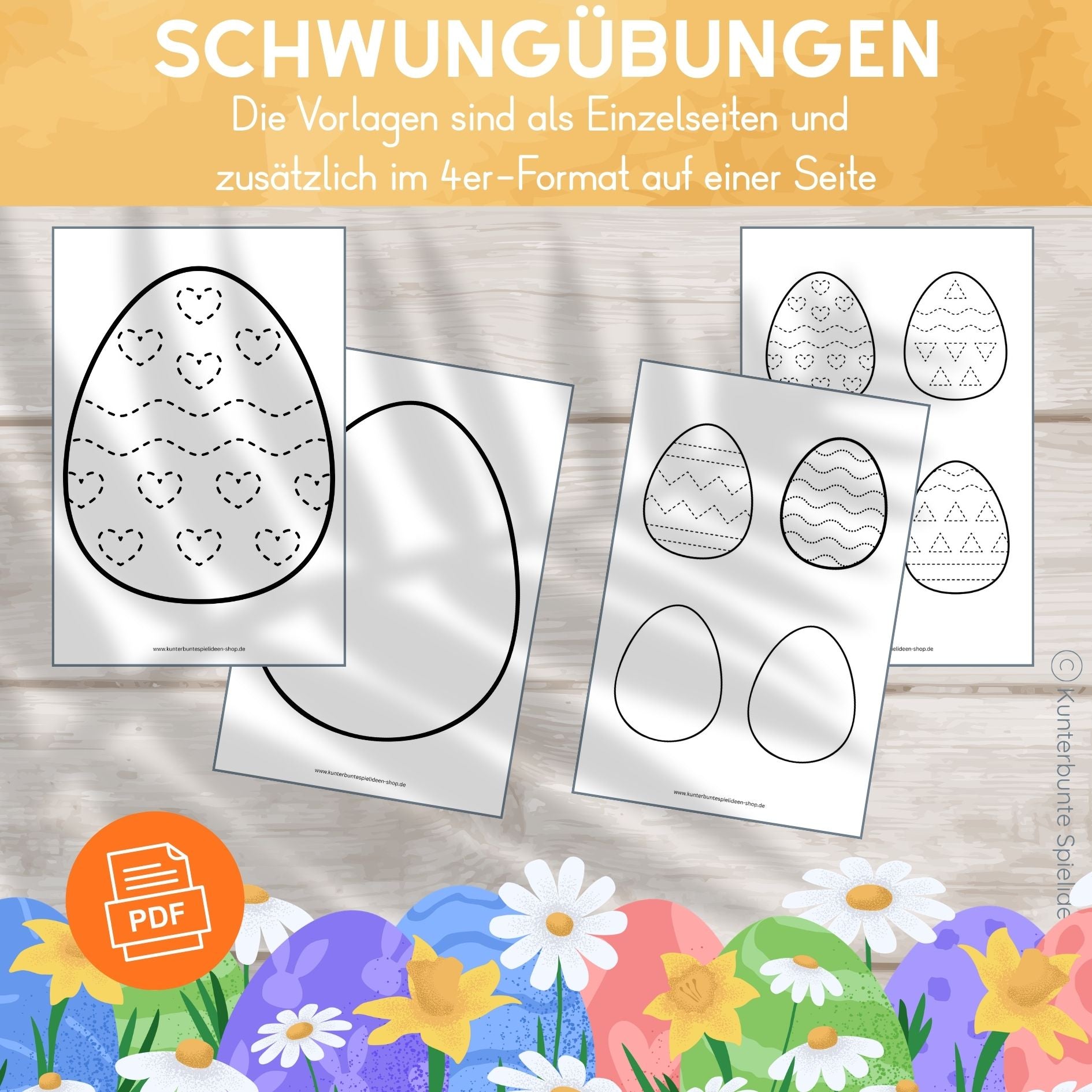 Osterei Vorlage zum Ausdrucken mit Schwungübungen zu Ostern für Kinder ab 3 Jahren, als Einzelseiten und zusätzlich im 4er-Format auf einer Seite, zur Förderung von Feinmotorik, Stiftführung und erster Schreibvorbereitung in Kindergarten und Vorschule