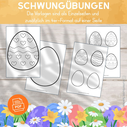 Osterei Vorlage zum Ausdrucken mit Schwungübungen zu Ostern für Kinder ab 3 Jahren, als Einzelseiten und zusätzlich im 4er-Format auf einer Seite, zur Förderung von Feinmotorik, Stiftführung und erster Schreibvorbereitung in Kindergarten und Vorschule