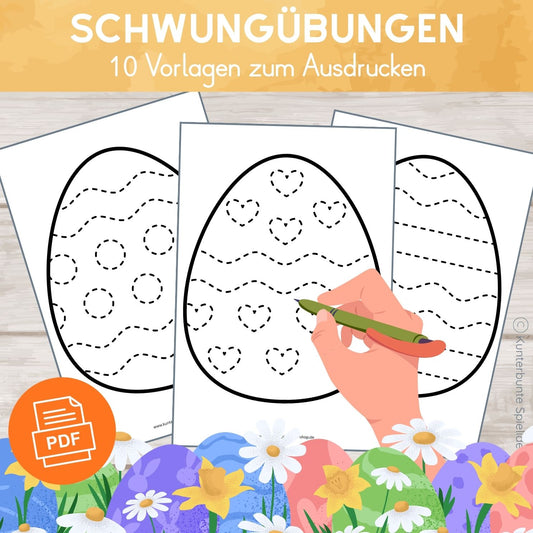 Schwungübungen Ostern als PDF zum Ausdrucken mit Osterei-Vorlagen für Kindergarten, Vorschule und Feinmotorik ab 3 Jahren
