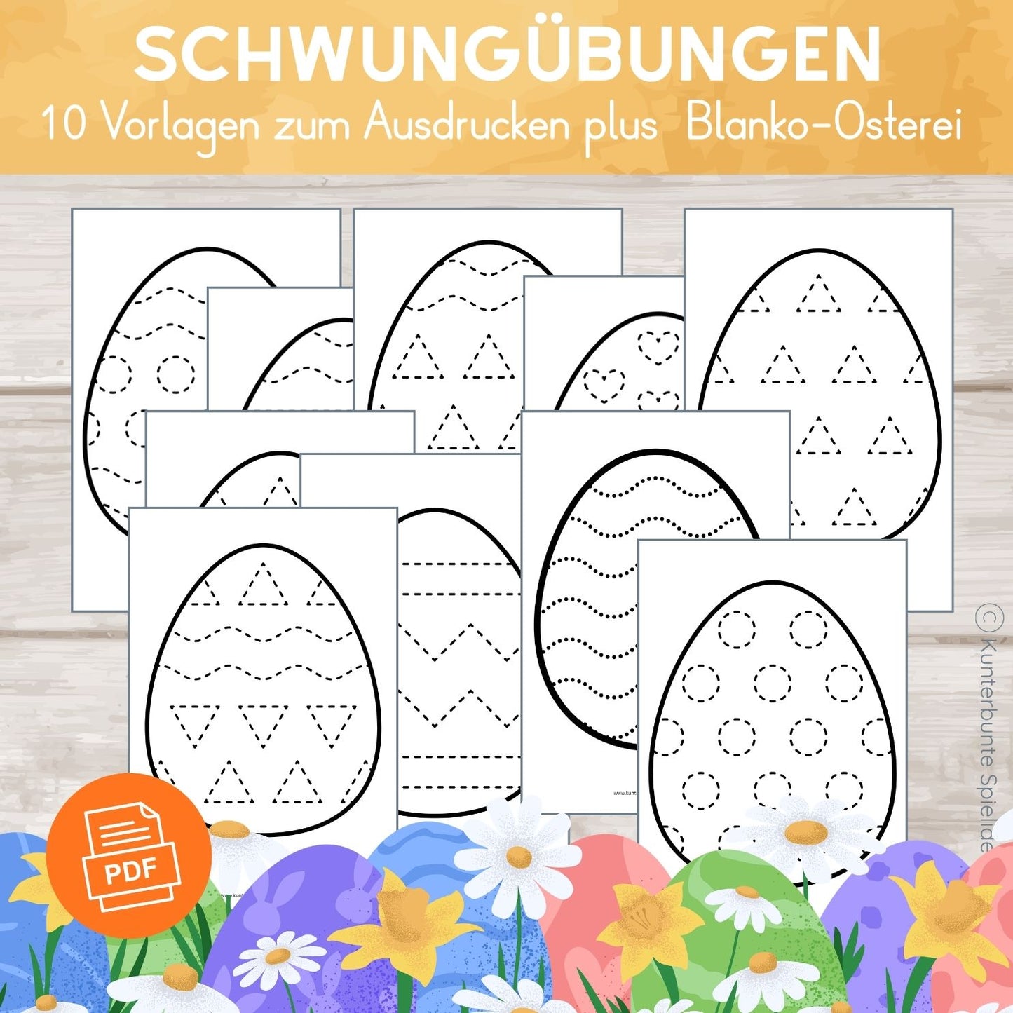 10 Schwungübungen zu Ostern zum Ausdrucken plus Blanko-Osterei für Kinder ab 3 Jahren zur Schreibvorbereitung und Stiftführung