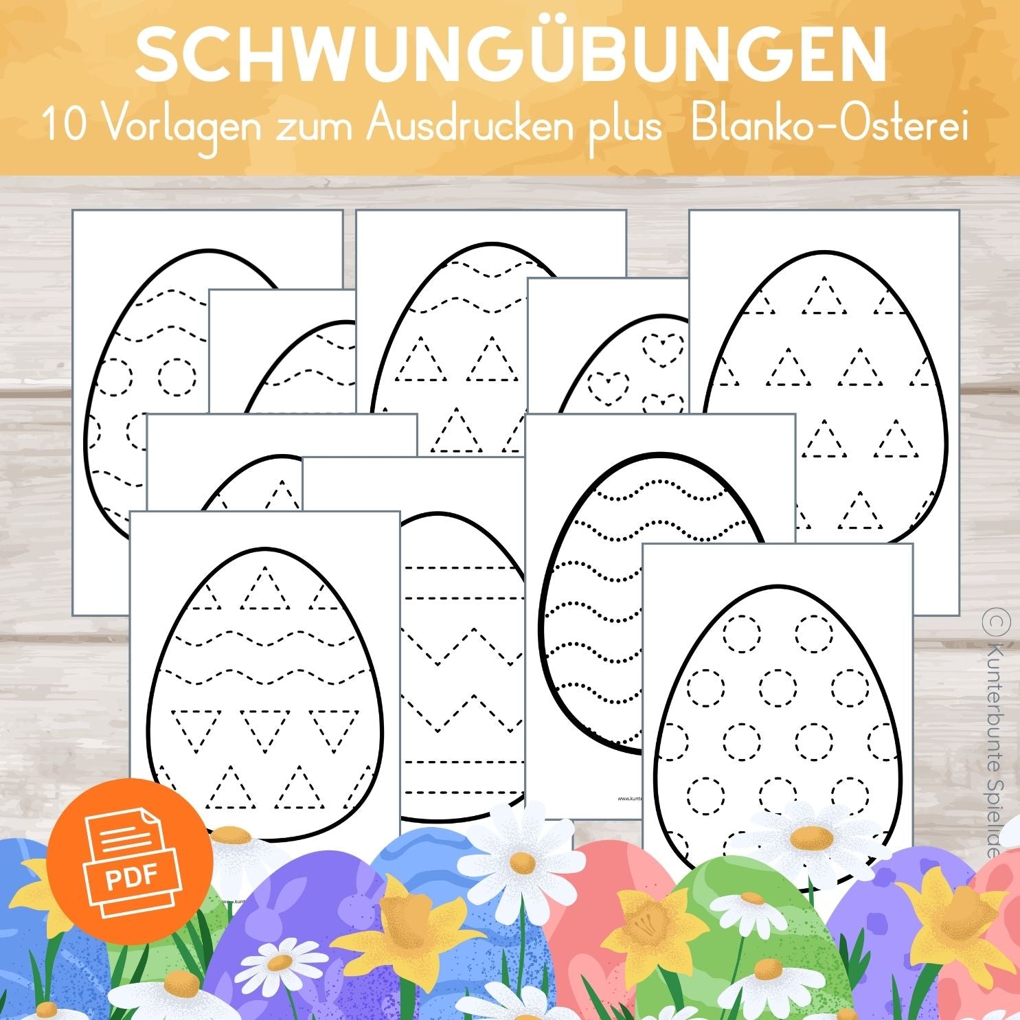 10 Schwungübungen zu Ostern zum Ausdrucken plus Blanko-Osterei für Kinder ab 3 Jahren zur Schreibvorbereitung und Stiftführung