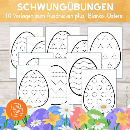 10 Schwungübungen zu Ostern zum Ausdrucken plus Blanko-Osterei für Kinder ab 3 Jahren zur Schreibvorbereitung und Stiftführung
